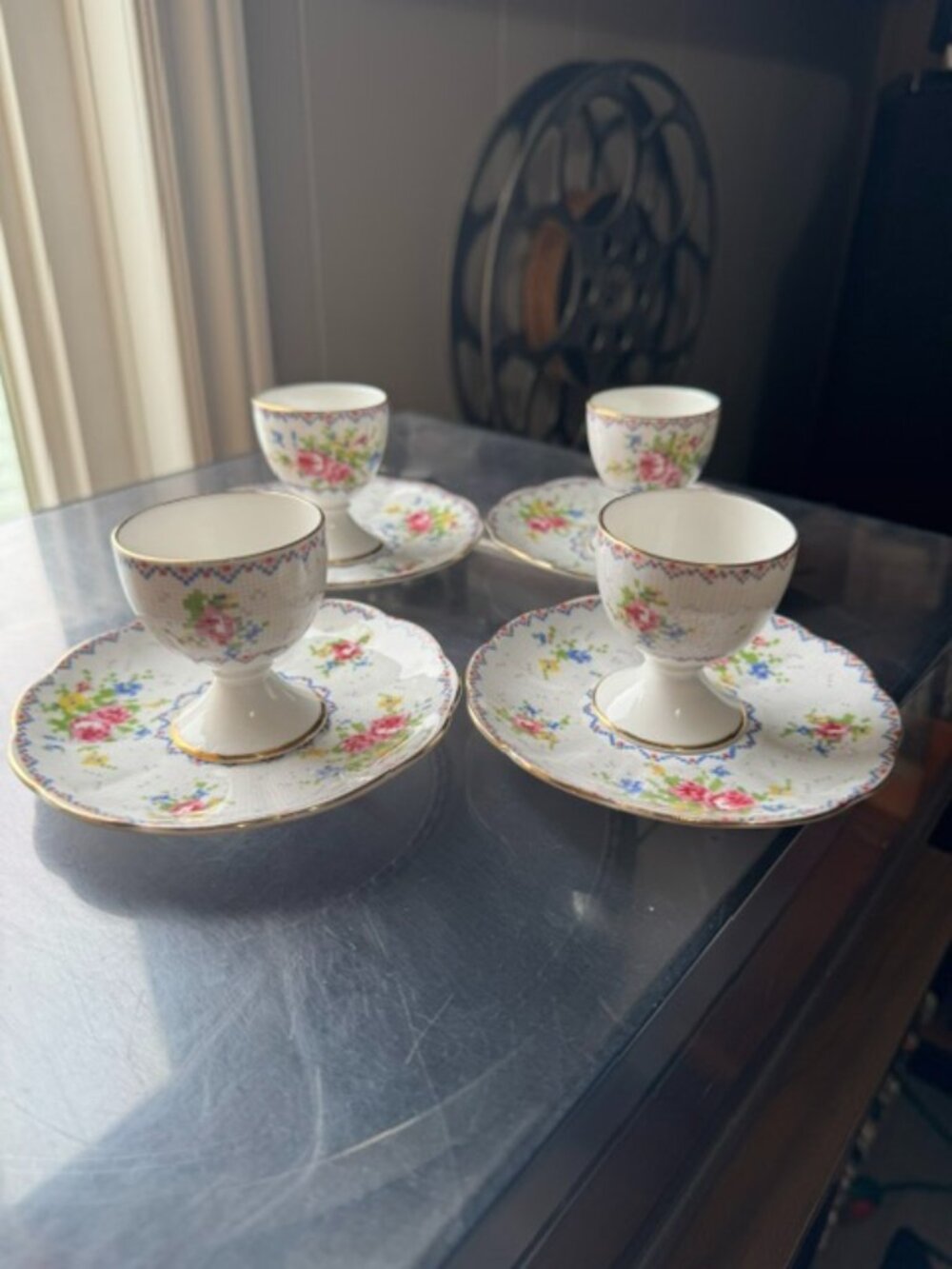 Royal Albert Petit Point Bone China Egg Cups & Saucers Set of 4 England